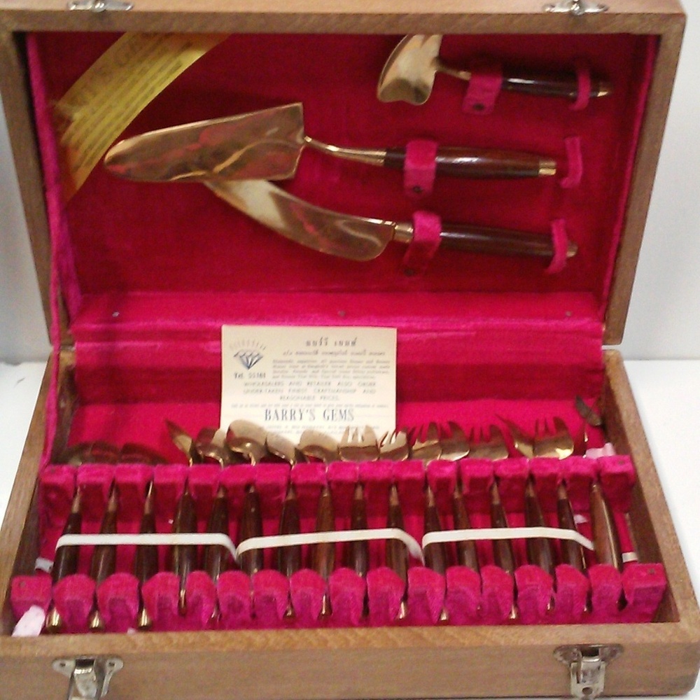 Vintage Brass Rosewood Flatware Appetizer Forks Dessert Spoons Serving Pieces
